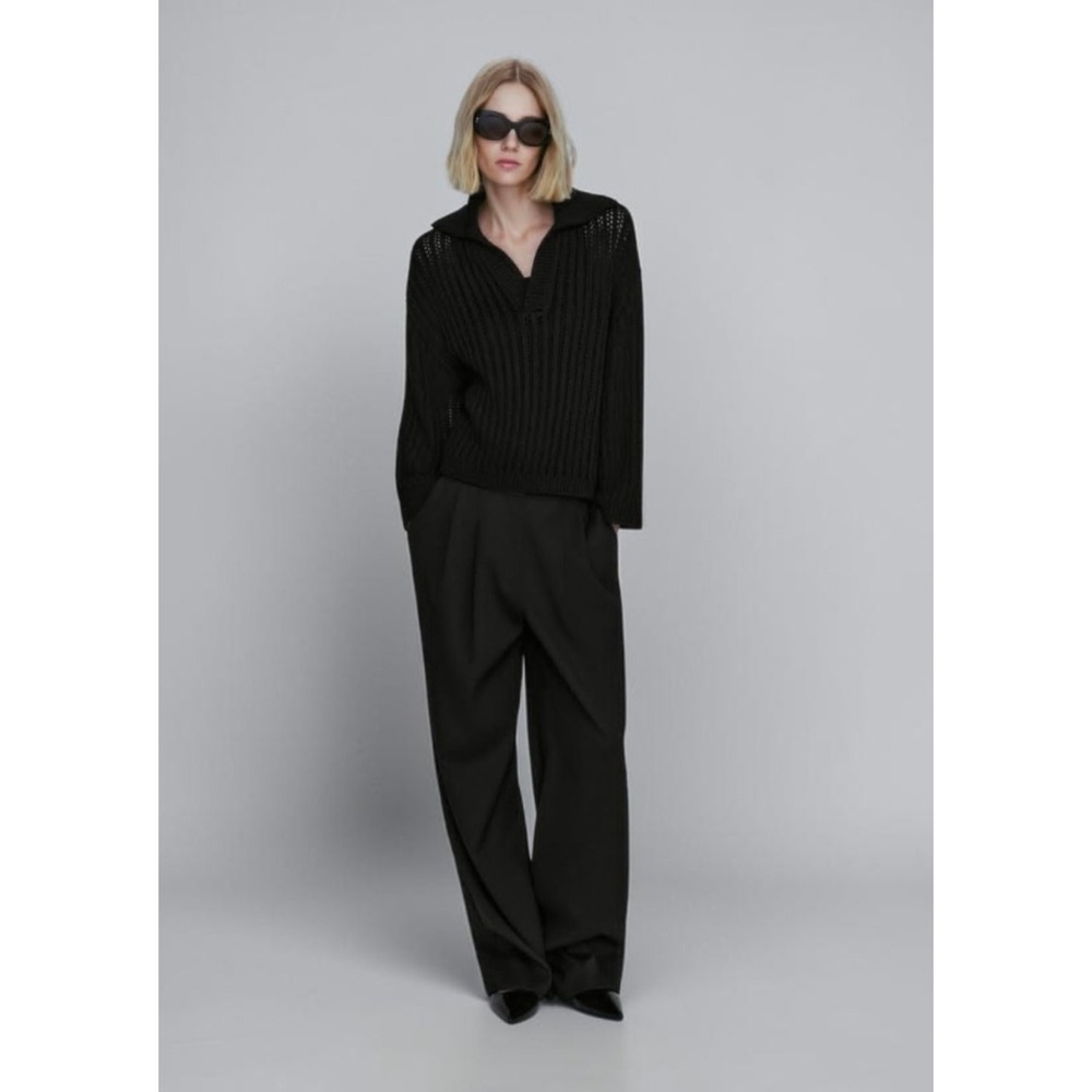 Massimo Dutti Womens L Black Open Knit Polo Collar Pullover Sweater